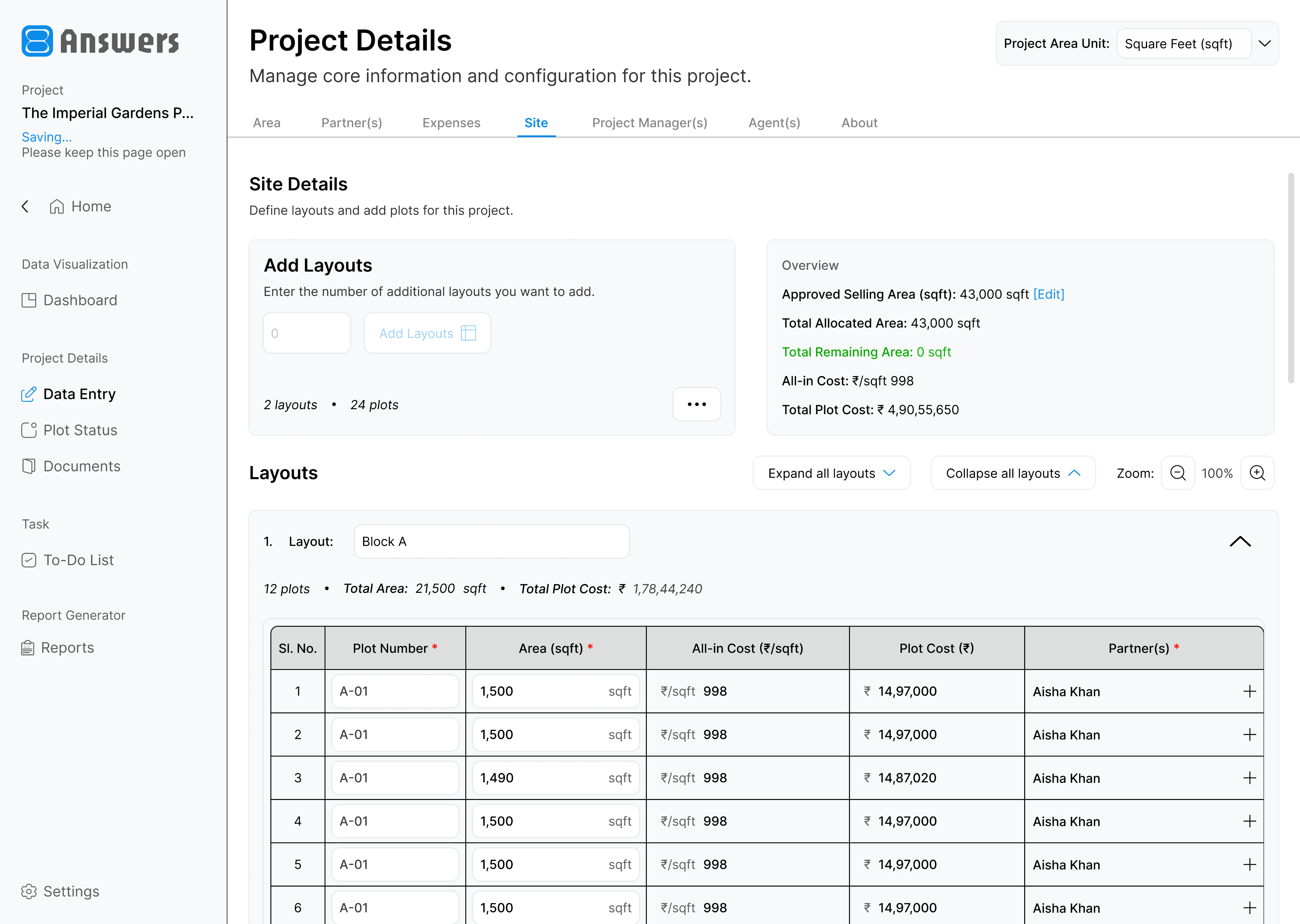 Project management dashboard
